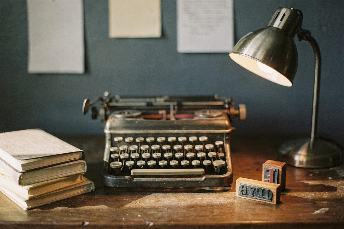 The studio desk with a typewriter, notebooks and a steel lamp.