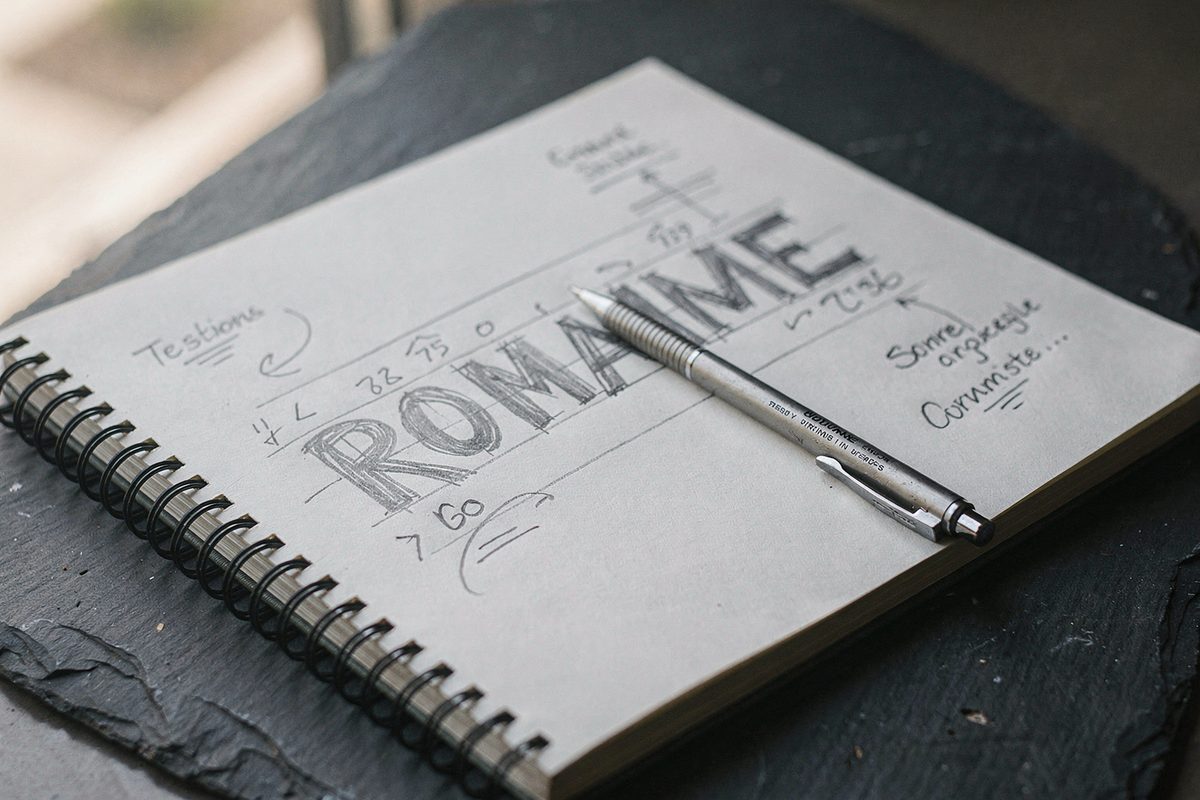 A notebook page breaking a candidate name into syllables in pencil, with margin notes on rhythm.